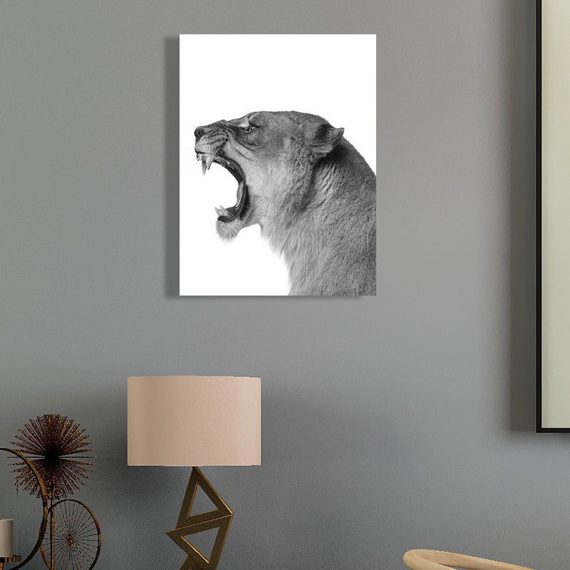 Frendorf | Fotografie Leeuw Brullend Canvas Muurkunst voor Huisinterieur, Grijs en Wit, Gelaagd