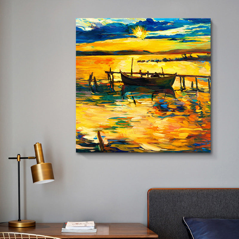 Frendorf | Boot und Sonnenuntergang Seascape Gemälde Leinwanddruck Orange Tropix Wandkunst für das Familienzimmer