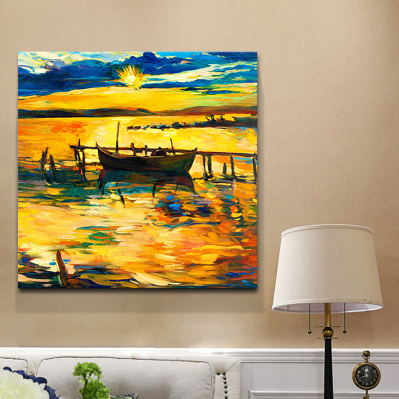 Frendorf | Boot und Sonnenuntergang Seascape Gemälde Leinwanddruck Orange Tropix Wandkunst für das Familienzimmer