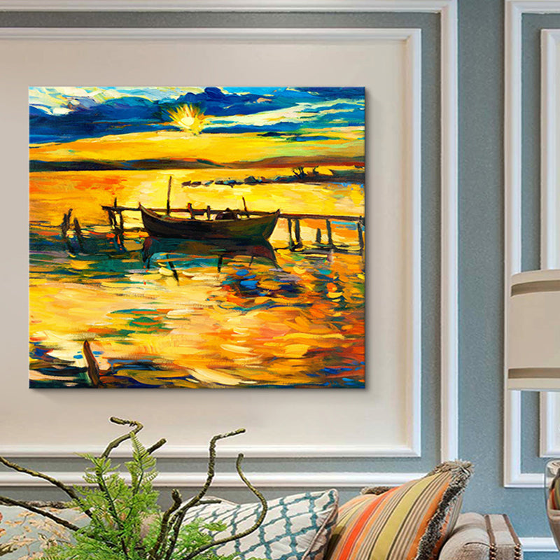 Frendorf | Boot und Sonnenuntergang Seascape Gemälde Leinwanddruck Orange Tropix Wandkunst für das Familienzimmer