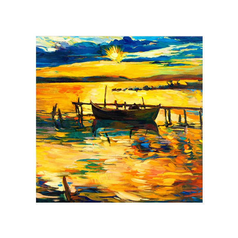 Frendorf | Boot und Sonnenuntergang Seascape Gemälde Leinwanddruck Orange Tropix Wandkunst für das Familienzimmer