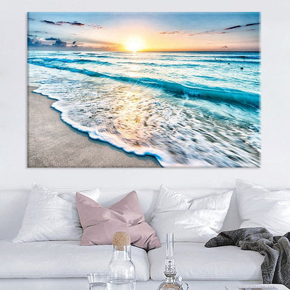 Frendorf | Sunset Beach Wave Scene Kunstdruck auf blauer Leinwand Wanddekoration, strukturierte Oberfläche