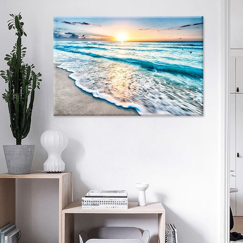 Frendorf | Sunset Beach Wave Scene Kunstdruck auf blauer Leinwand Wanddekoration, strukturierte Oberfläche