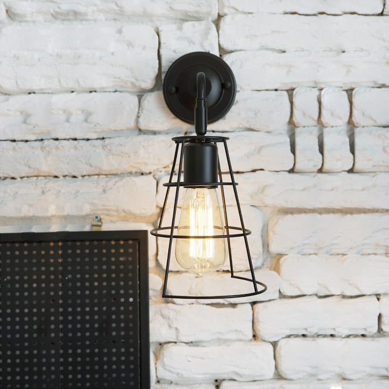 Frendorf | Vintage Style Conic Cage Wandlamp met Gebogen Arm 1 Licht Metaal Wandlamp in Zwart/Wit