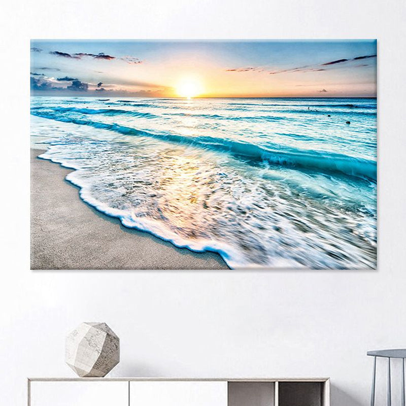 Frendorf | Sunset Beach Wave Scene Kunstdruck auf blauer Leinwand Wanddekoration, strukturierte Oberfläche