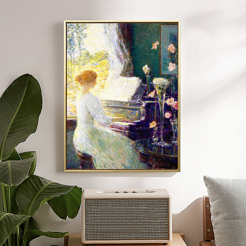 Frendorf | Musikalischer Leinwanddruck Retro Elegante Dame am Klavier Wandkunst Dekor in Weiß-Grün