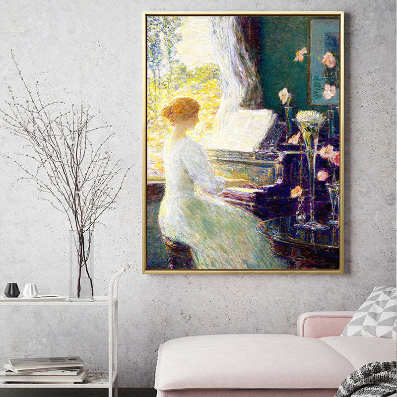 Frendorf | Musikalischer Leinwanddruck Retro Elegante Dame am Klavier Wandkunst Dekor in Weiß-Grün