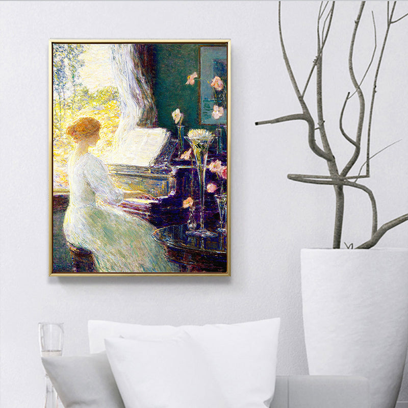 Frendorf | Musikalischer Leinwanddruck Retro Elegante Dame am Klavier Wandkunst Dekor in Weiß-Grün