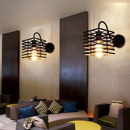 Frendorf | Rahmen Quadratisch Metall Wandbeleuchtung Retro Industriell 1 Glühbirne Wohnzimmer Wandleuchte Lamp in Schwarz