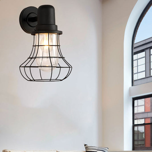 Frendorf | 1 Licht Draadframe Wandlamp Industrial Zwart Metaal Wandlamp met Binnenheldere Glazen Schaal voor Porche