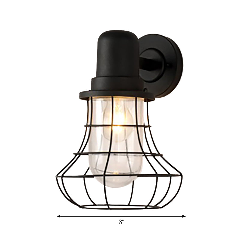 Frendorf | 1 Licht Draadframe Wandlamp Industrial Zwart Metaal Wandlamp met Binnenheldere Glazen Schaal voor Porche