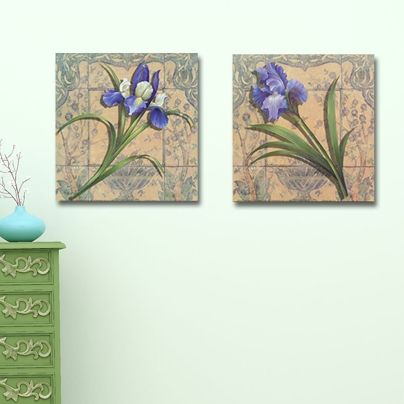 Frendorf | Lila Iris Malerei Blume Traditionelle Strukturierte Leinwand Wandkunst für Zuhause, Set von 2