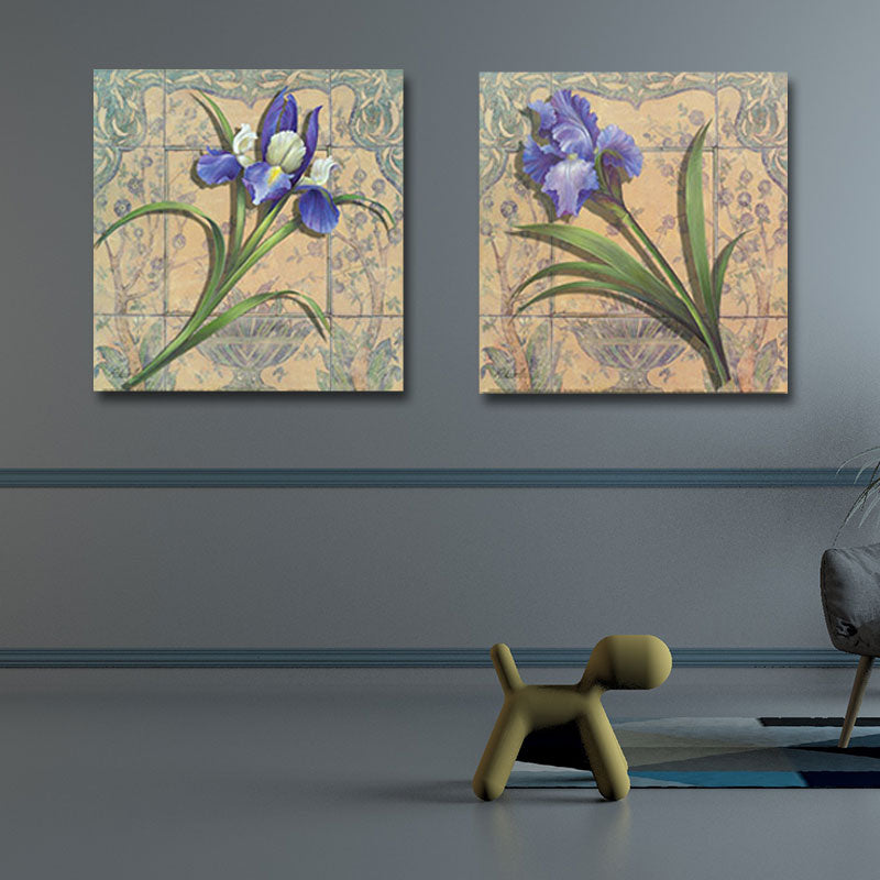 Frendorf | Lila Iris Malerei Blume Traditionelle Strukturierte Leinwand Wandkunst für Zuhause, Set von 2