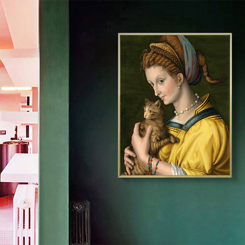 Gelbe Katze und Dienstmädchen Kunst Texturiertes Gemälde für das Badezimmer, Mehrere Größen Verfügbar