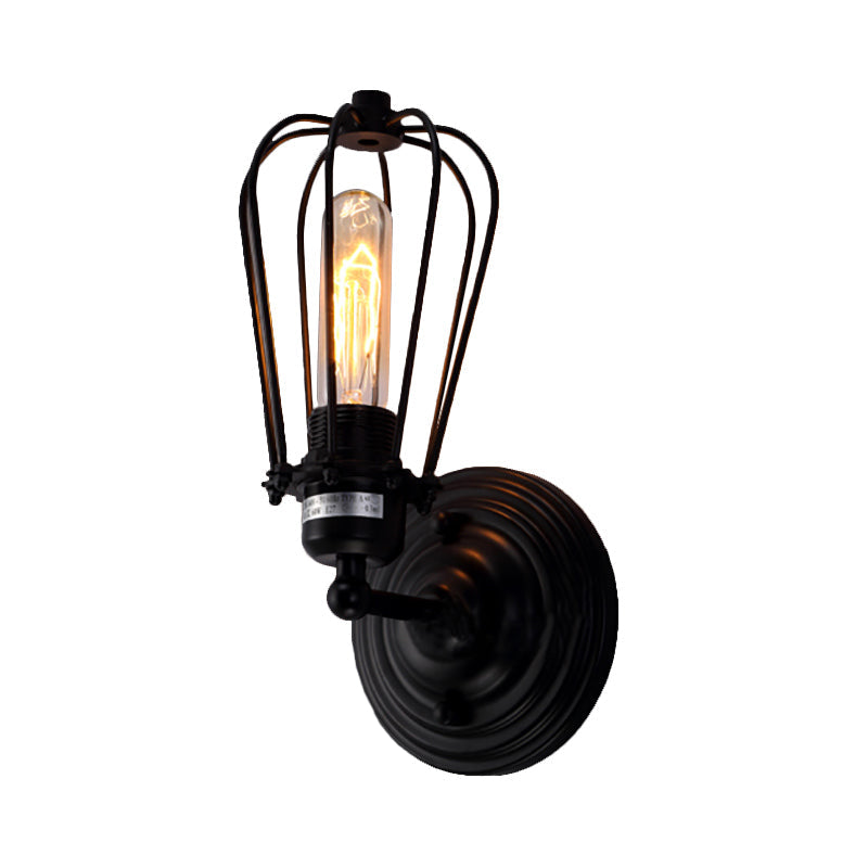 1 Kopf Wand Sconces Licht mit Glühbirne Käfig Schirm Metall Industrie Rustikal Flur Wandbeleuchtung in Schwarz, 2 Packs