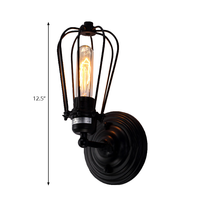 1 Kopf Wand Sconces Licht mit Glühbirne Käfig Schirm Metall Industrie Rustikal Flur Wandbeleuchtung in Schwarz, 2 Packs