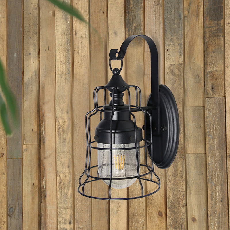 Frendorf | Küstenstil Glocken Käfig Wandlicht 1 Glühbirne Metall Wandlampe mit innerem Glasschirm und Gänsekopfarm in Schwarz