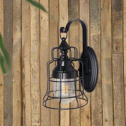 Frendorf | Küstenstil Glocken Käfig Wandlicht 1 Glühbirne Metall Wandlampe mit innerem Glasschirm und Gänsekopfarm in Schwarz