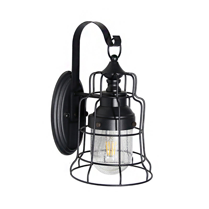 Frendorf | Küstenstil Glocken Käfig Wandlicht 1 Glühbirne Metall Wandlampe mit innerem Glasschirm und Gänsekopfarm in Schwarz
