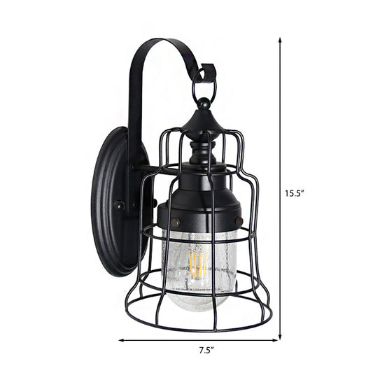 Frendorf | Küstenstil Glocken Käfig Wandlicht 1 Glühbirne Metall Wandlampe mit innerem Glasschirm und Gänsekopfarm in Schwarz