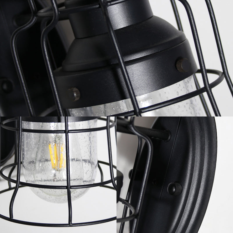 Frendorf | Küstenstil Glocken Käfig Wandlicht 1 Glühbirne Metall Wandlampe mit innerem Glasschirm und Gänsekopfarm in Schwarz