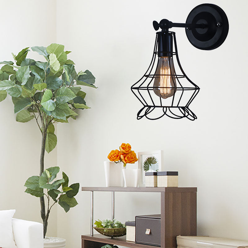 Frendorf | Schwarze Barrel/Geflanschte Käfig-Wandleuchte Industriedesign Metall 1 Kopf Wohnzimmer Rotierbare Wandmontage Licht