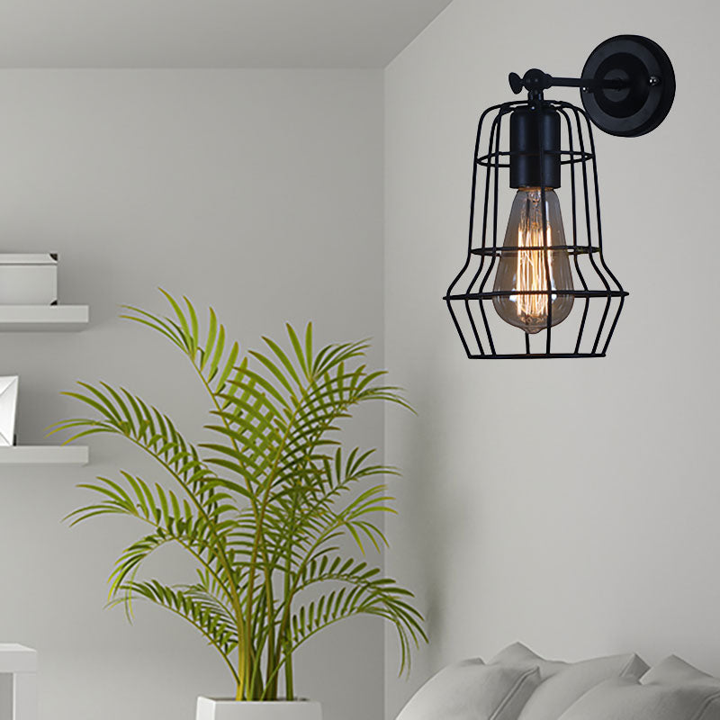 Frendorf | Schwarze Barrel/Geflanschte Käfig-Wandleuchte Industriedesign Metall 1 Kopf Wohnzimmer Rotierbare Wandmontage Licht