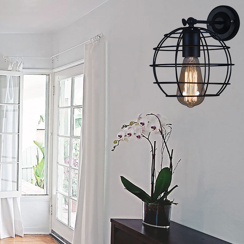 Frendorf | Schwarze Barrel/Geflanschte Käfig-Wandleuchte Industriedesign Metall 1 Kopf Wohnzimmer Rotierbare Wandmontage Licht