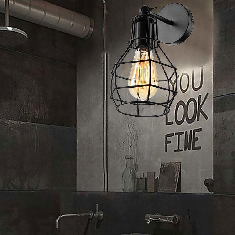 Frendorf | Schwarze Barrel/Geflanschte Käfig-Wandleuchte Industriedesign Metall 1 Kopf Wohnzimmer Rotierbare Wandmontage Licht