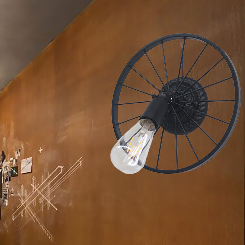Frendorf | Schwarz/Bronze Rad Design Wand Sconce Lampe mit Offener Glühbirne Bauernhaus Stil Metall 1 Licht Restaurant Sconce Licht