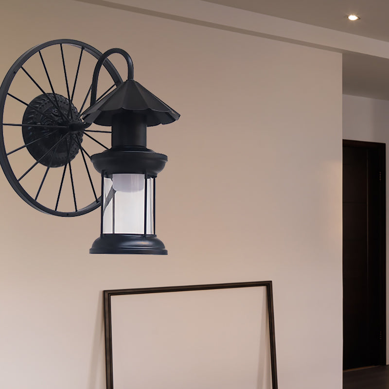 Frendorf | Zwarte/Bronzen Lantaarn Wandlamp Vintage Industrieel Metaal 1 Verlichting Restaurant Wandlamp met Wieldecoratie