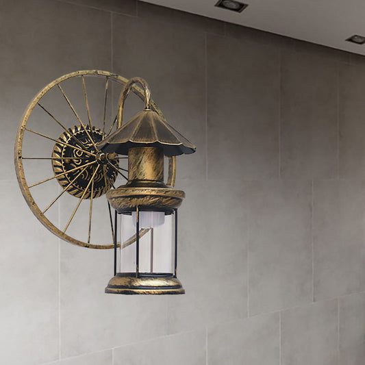 Frendorf | Zwarte/Bronzen Lantaarn Wandlamp Vintage Industrieel Metaal 1 Verlichting Restaurant Wandlamp met Wieldecoratie