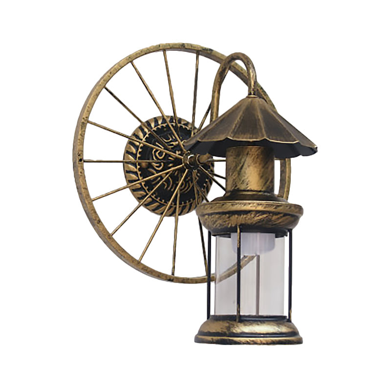 Frendorf | Zwarte/Bronzen Lantaarn Wandlamp Vintage Industrieel Metaal 1 Verlichting Restaurant Wandlamp met Wieldecoratie
