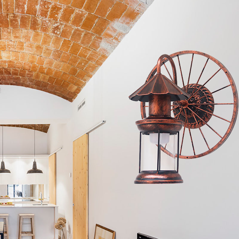 Frendorf | Zwarte/Bronzen Lantaarn Wandlamp Vintage Industrieel Metaal 1 Verlichting Restaurant Wandlamp met Wieldecoratie