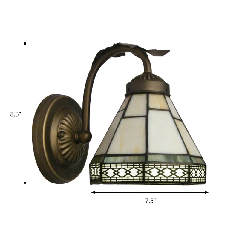 Frendorf | Tiffany stijl mini wandlamp met gebogen arm 1 licht kunstglas wandverlichting in verouderd messing