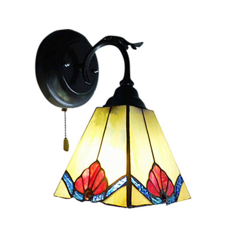 Frendorf | Blumen Mini Wandleuchte mit Pyramidenschirm Buntglas 1 Licht Lodge Wandleuchte in Schwarz