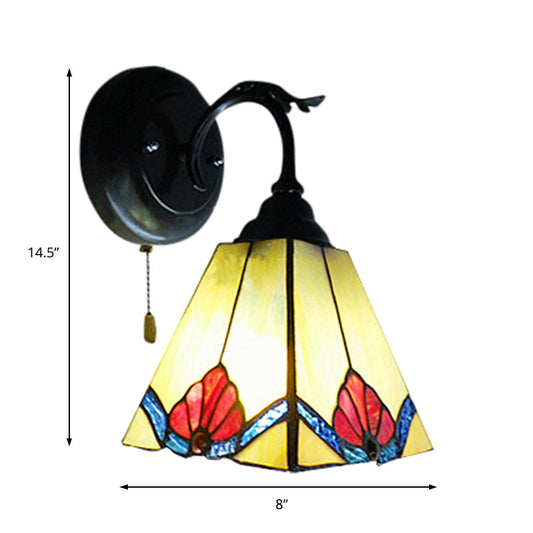 Frendorf | Blumen Mini Wandleuchte mit Pyramidenschirm Buntglas 1 Licht Lodge Wandleuchte in Schwarz