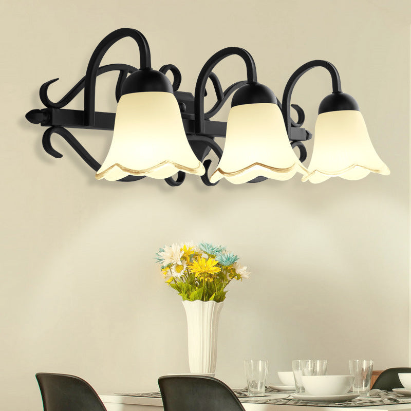 Frendorf | Blumen Badezimmer Wandbeleuchtung Traditionelle Mattglas 2/3-Kopf Schwarze Wandleuchte mit Gänsehalsschneckarm