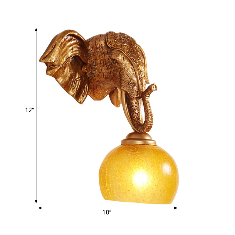 Frendorf | Gouden 1-bol wandverlichting traditionele orb crackle matglas wandlamp met resin olifant achterplaat