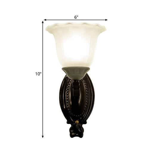 Frendorf | 1/2-Licht Wandleuchte Retro-Stil Schlafzimmer Wandmontage Beleuchtung mit gewelltem Glockenmattem Glas-Schirm in Schwarz