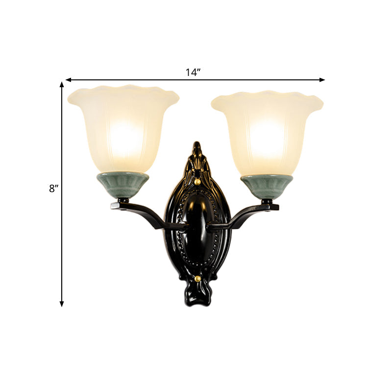 Frendorf | 1/2-Licht Wandleuchte Retro-Stil Schlafzimmer Wandmontage Beleuchtung mit gewelltem Glockenmattem Glas-Schirm in Schwarz