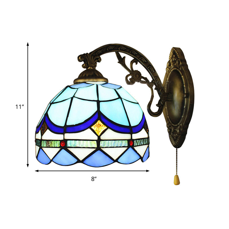 Frendorf | 1 Lichtdome Wandlamp mit Zugkette Barockstil Buntglas Wandlaterne Licht in Himmelblau/Navy Blau