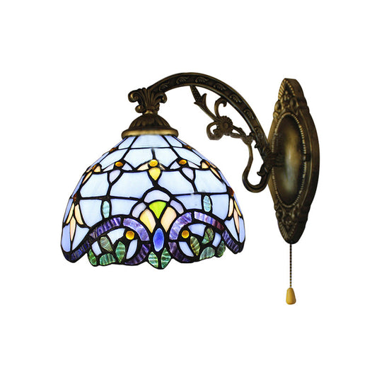 Frendorf | 1 Lichtdome Wandlamp mit Zugkette Barockstil Buntglas Wandlaterne Licht in Himmelblau/Navy Blau