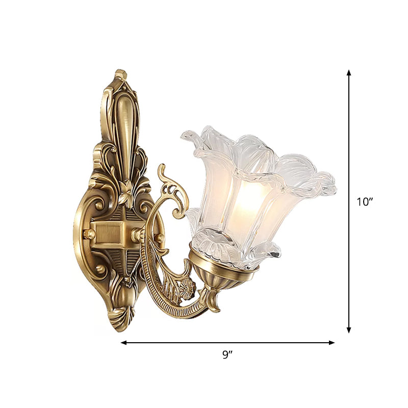 Frendorf | Messing 1/2 Glühbirnen Wandleuchte Landhaus Klar Gerippt Glas Blumenform Wandmontierte Lampe