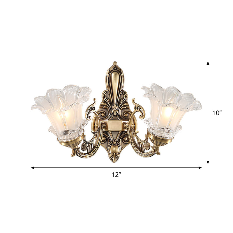 Frendorf | Messing 1/2 Glühbirnen Wandleuchte Landhaus Klar Gerippt Glas Blumenform Wandmontierte Lampe