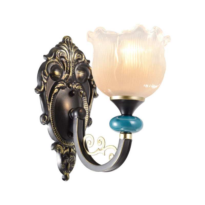 Frendorf | 1/2-Bulb Floral Wandleuchte Antiqued Schwarz Opal Gerippte Glas Gebogene Arm Wandmontierte Lampe