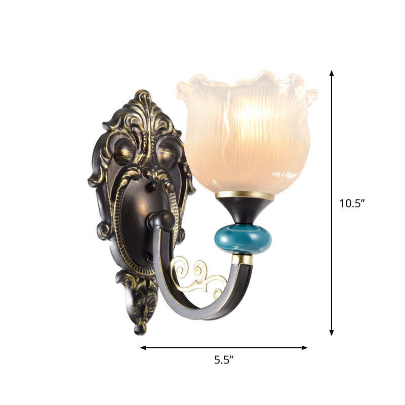 Frendorf | 1/2-Bulb Floral Wandleuchte Antiqued Schwarz Opal Gerippte Glas Gebogene Arm Wandmontierte Lampe