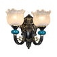 Frendorf | 1/2-Bulb Floral Wandleuchte Antiqued Schwarz Opal Gerippte Glas Gebogene Arm Wandmontierte Lampe