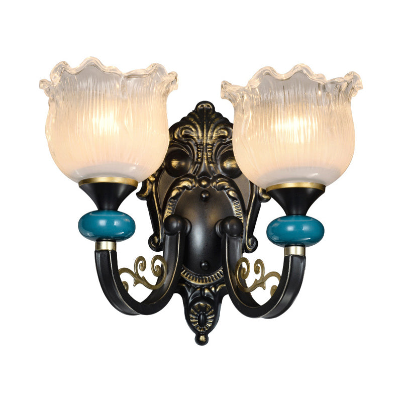 Frendorf | 1/2-Bulb Floral Wandleuchte Antiqued Schwarz Opal Gerippte Glas Gebogene Arm Wandmontierte Lampe