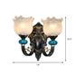 Frendorf | 1/2-Bulb Floral Wandleuchte Antiqued Schwarz Opal Gerippte Glas Gebogene Arm Wandmontierte Lampe